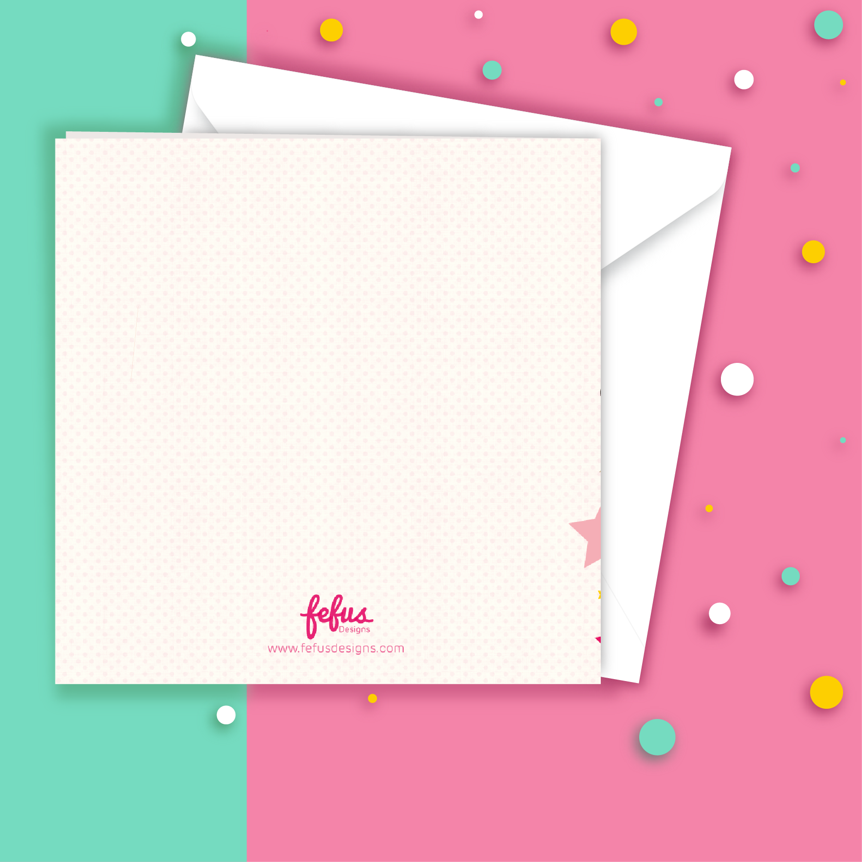 Cute hand-drawn superhero girl on a birthday card with gold stars. Back view