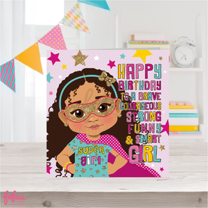 Mixed race superhero girl with twisted hairstyle and colourful hair bubbles on a birthday card.