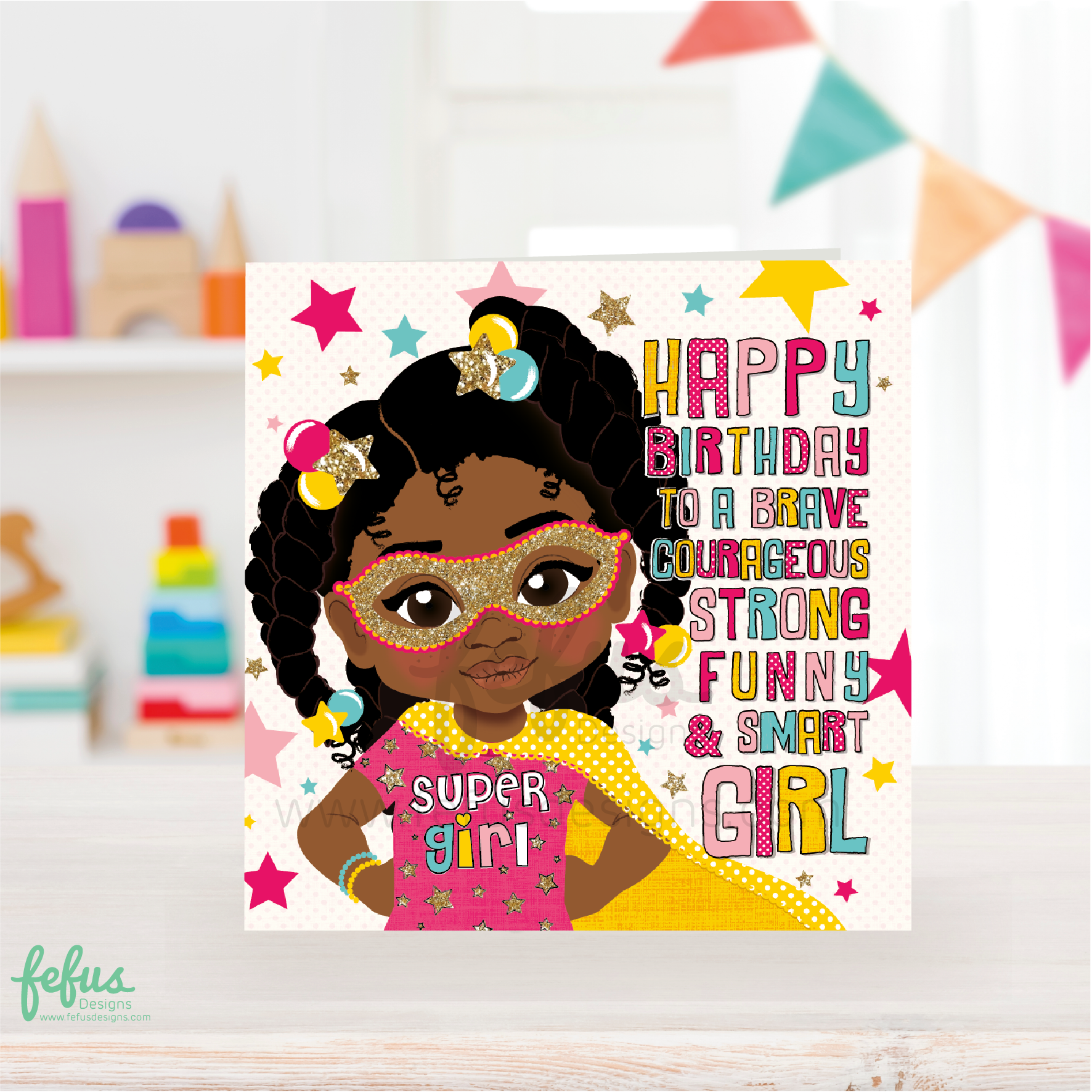 Black superhero girl birthday card, cute girl with twisted hairstyle pink t-shirt and yellow cape.