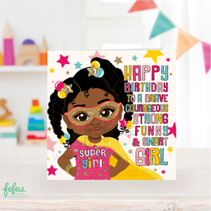 Black superhero girl birthday card, cute girl with twisted hairstyle pink t-shirt and yellow cape.