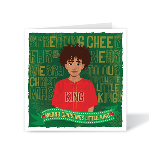 Hand-drawn biracial boy Christmas card – Kane character in festive holiday design. Biracial Boy Christmas Card showcasing a joyful boy illustration with a festive design for diverse holiday celebrations.