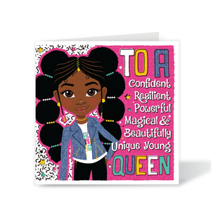 Greeting card with a colorful illustration of a young girl and empowering text on a pink background. Black girl with bubble pigtails in denim jacket – Magical Queen affirmation birthday card by Fefus Designs