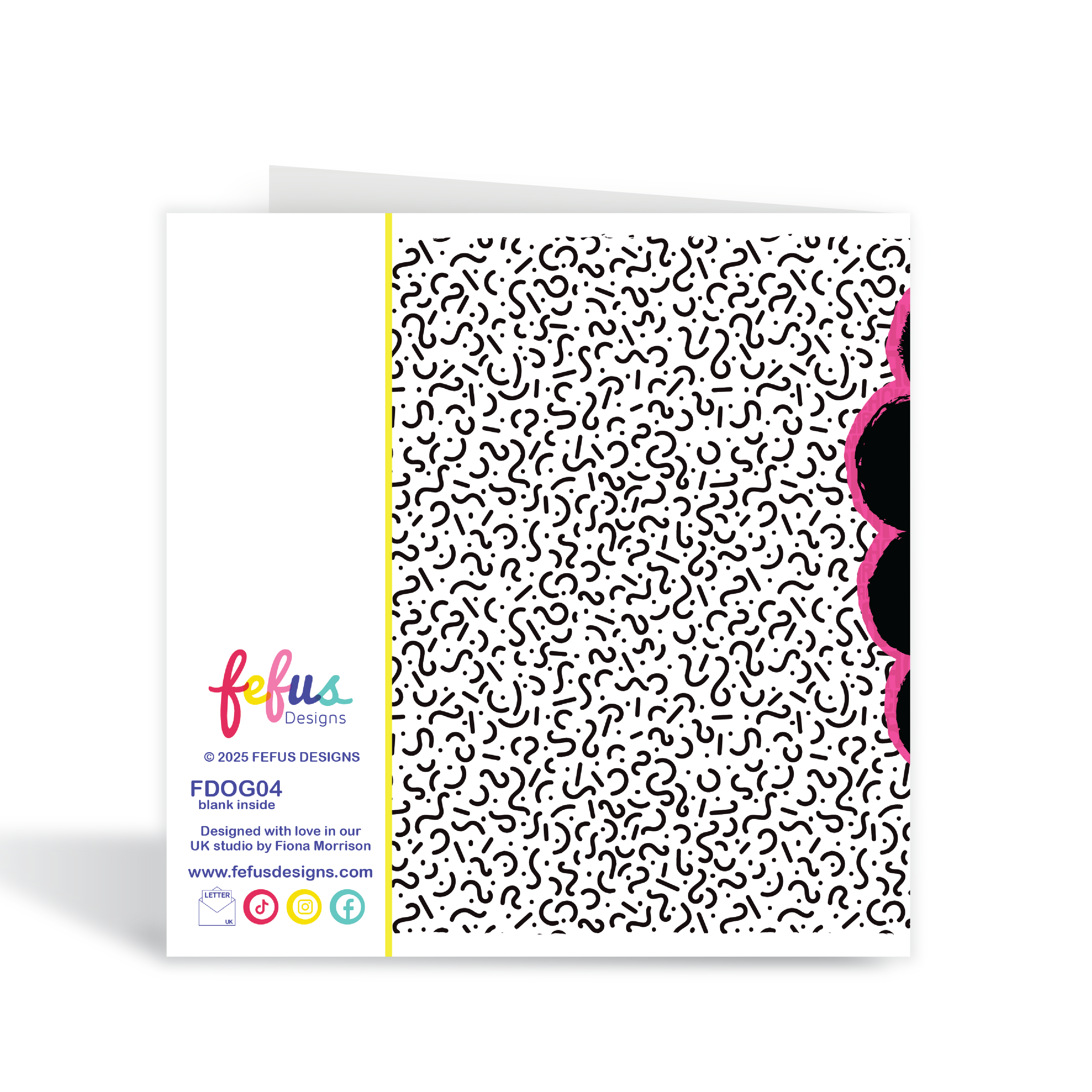 Back view, Fefus Designs logo on empowering girls birthday card back. Black girl 10th birthday card with Fulani pigtails and pink affirmation design