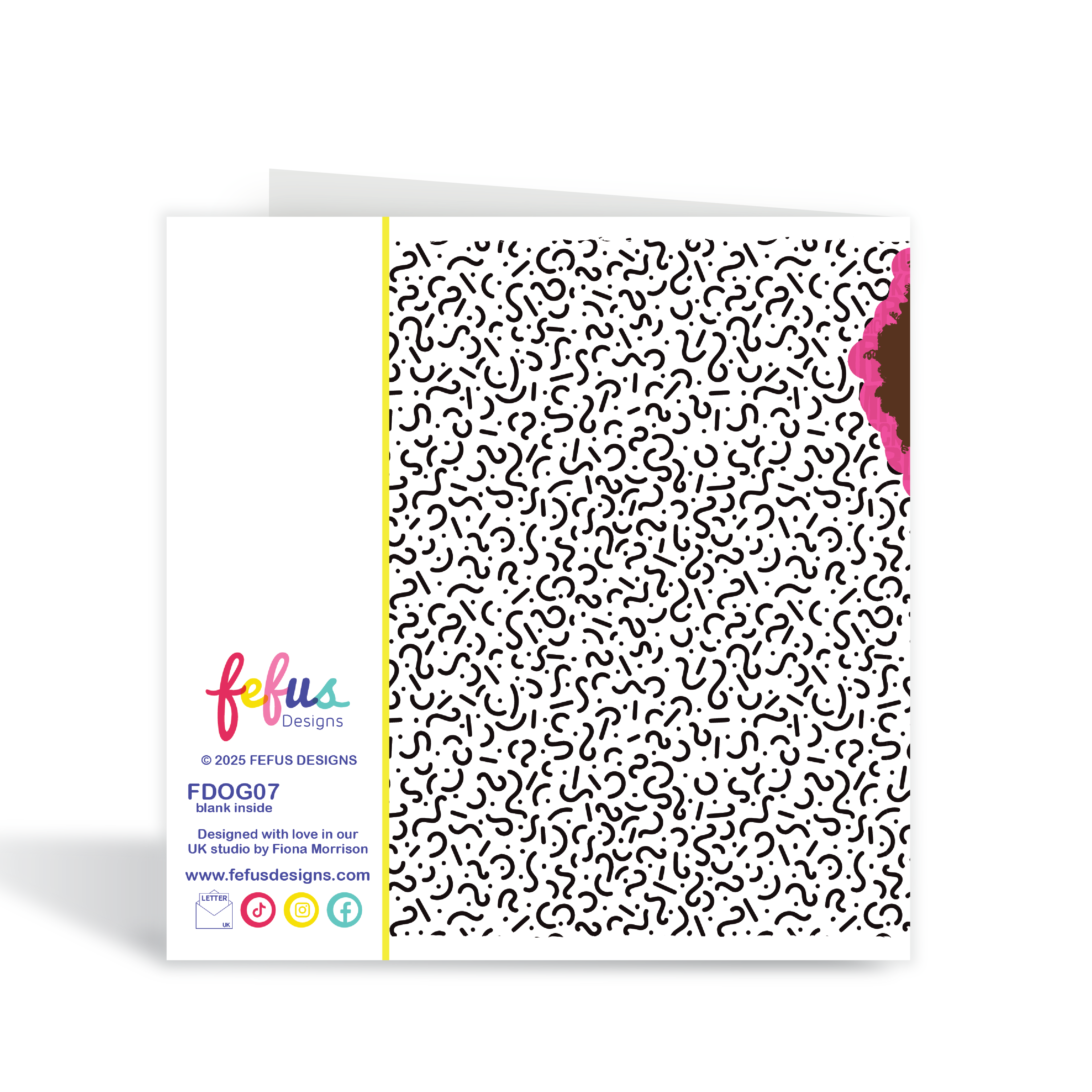 Back of Fefus Designs affirmation birthday card. Greeting card with black and white pattern and colourful branding on a white background
