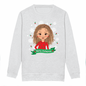 Front view of an ash grey children’s Christmas sweatshirt by Fefus Designs, showcasing an illustration of a biracial girl with curly hair in a red dress with holly decorations. Crafted from soft, cosy cotton fabric with ribbed details, ideal for festive winter wear while celebrating representation.