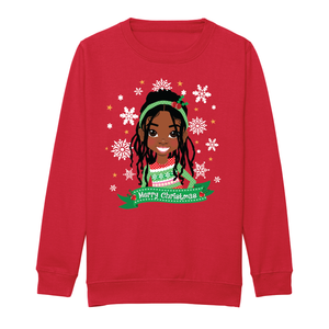 Front view of an red children’s Christmas sweatshirt by Fefus Designs, showcasing an illustrated Black Rasta girl with locs adorned with a holly headband and Christmas jumper. Soft, cosy cotton fabric with ribbed details, ideal for holiday celebrations and representing inclusivity.