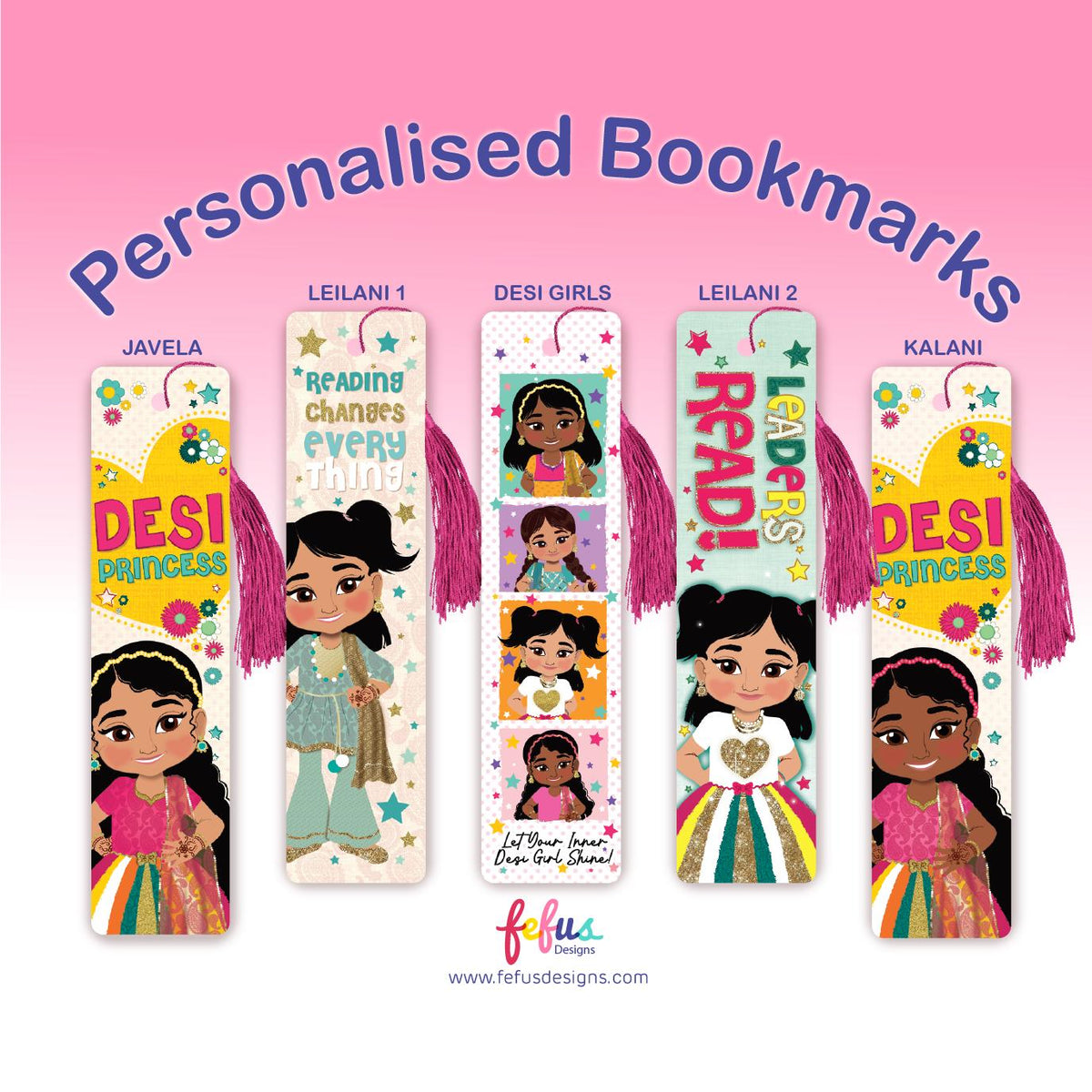 Set of five personalized bookmarks with illustrations of a girl and text on a pink background.