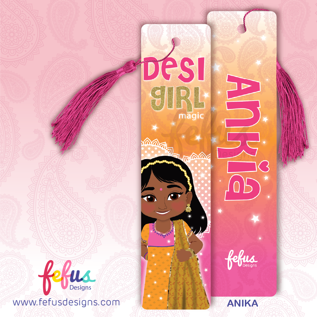 Personalised Desi girl metal bookmark by Fefus Designs featuring hand-drawn South Asian character 'Ankia'. The high-gloss aluminium bookmark showcases vibrant cultural fashion and includes a matching tassel. Ideal gift for South Asian girls – perfect for birthdays, back-to-school, or party favours.