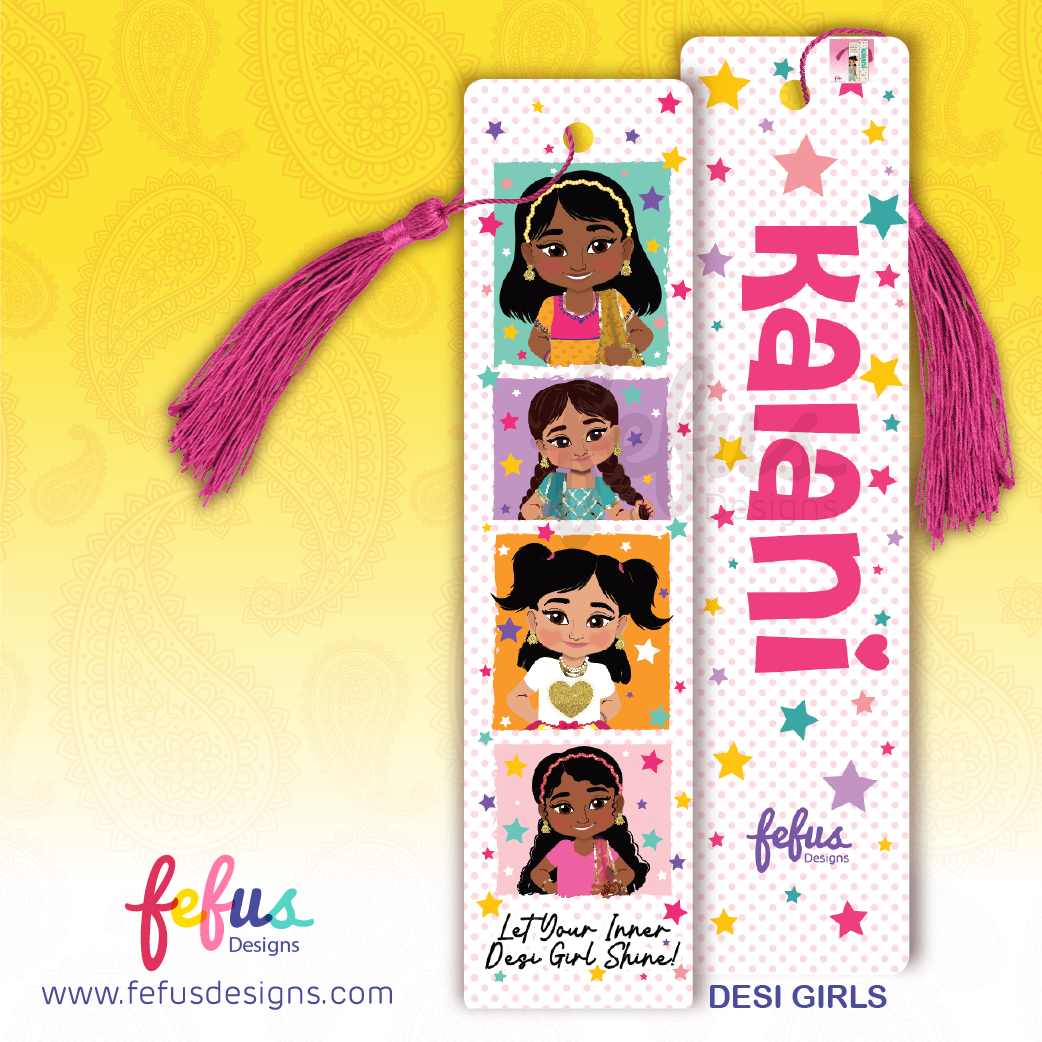 Personalised Desi girl metal bookmark by Fefus Designs featuring hand-drawn South Asian girls characters 'Desi Girls'. The high-gloss aluminium bookmark showcases vibrant cultural fashion and includes a matching tassel. Ideal gift for South Asian girls – perfect for birthdays, back-to-school, or party favours.