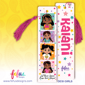 Personalised Desi girl metal bookmark by Fefus Designs featuring hand-drawn South Asian girls characters 'Desi Girls'. The high-gloss aluminium bookmark showcases vibrant cultural fashion and includes a matching tassel. Ideal gift for South Asian girls – perfect for birthdays, back-to-school, or party favours.