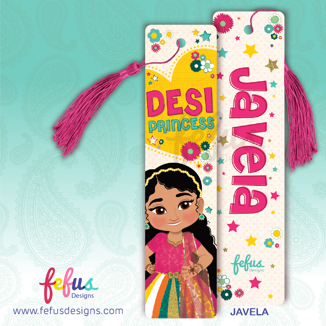 Personalised Desi girl metal bookmark by Fefus Designs featuring hand-drawn South Asian character 'Javela'. The high-gloss aluminium bookmark showcases vibrant cultural fashion and includes a matching tassel. Ideal gift for South Asian girls – perfect for birthdays, back-to-school, or party favours.