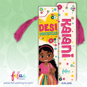 Personalised Desi girl metal bookmark by Fefus Designs featuring hand-drawn South Asian girl 'Kalani'. The high-gloss aluminium bookmark showcases vibrant cultural fashion and includes a matching tassel. Ideal gift for South Asian girls – perfect for birthdays, back-to-school, or party favours.