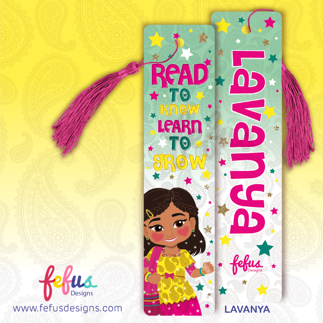 Personalised Desi girl metal bookmark by Fefus Designs featuring hand-drawn South Asian girl 'Lavanya'. The high-gloss aluminium bookmark showcases vibrant cultural fashion and includes a matching tassel. Ideal gift for South Asian girls – perfect for birthdays, back-to-school, or party favours.