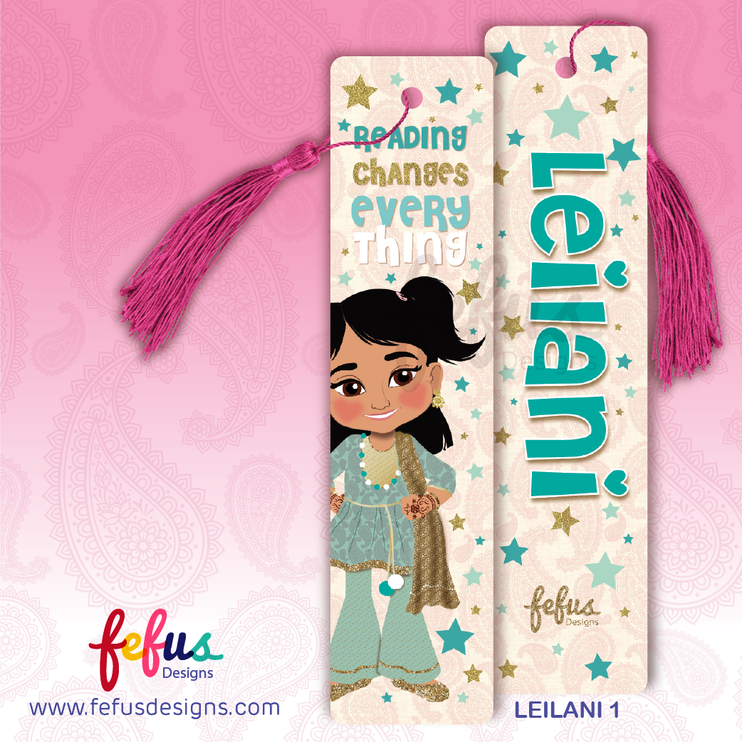 Personalised Desi girl metal bookmark by Fefus Designs featuring hand-drawn South Asian character 'leilani'. The high-gloss aluminium bookmark showcases vibrant cultural fashion and includes a matching tassel. Ideal gift for South Asian girls – perfect for birthdays, back-to-school, or party favours.
