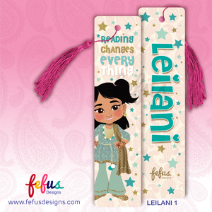 Personalised Desi girl metal bookmark by Fefus Designs featuring hand-drawn South Asian character 'leilani'. The high-gloss aluminium bookmark showcases vibrant cultural fashion and includes a matching tassel. Ideal gift for South Asian girls – perfect for birthdays, back-to-school, or party favours.