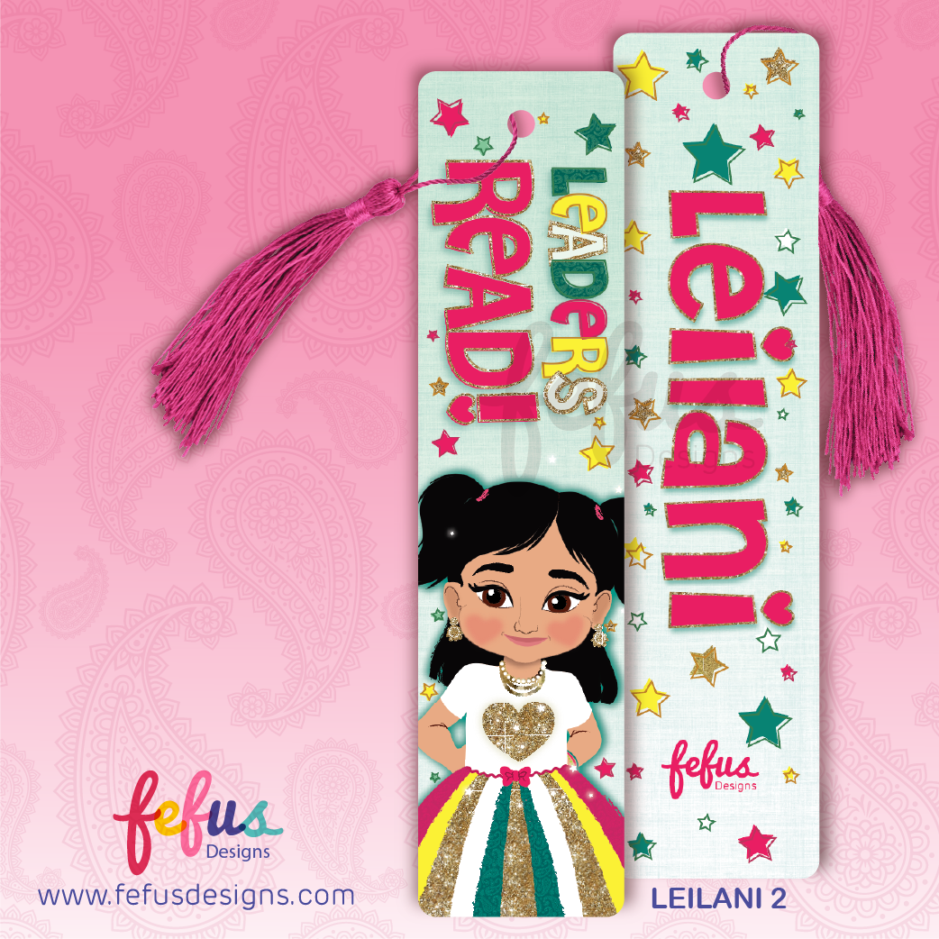 Personalised Desi girl metal bookmark by Fefus Designs featuring hand-drawn South Asian character 'leilani'. The high-gloss aluminium bookmark showcases vibrant cultural fashion and includes a matching tassel. Ideal gift for South Asian girls – perfect for birthdays, back-to-school, or party favours.
