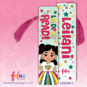 Personalised Desi girl metal bookmark by Fefus Designs featuring hand-drawn South Asian character 'leilani'. The high-gloss aluminium bookmark showcases vibrant cultural fashion and includes a matching tassel. Ideal gift for South Asian girls – perfect for birthdays, back-to-school, or party favours.