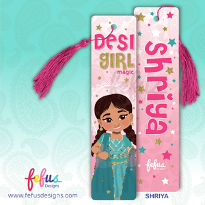 Personalised Desi girl metal bookmark by Fefus Designs featuring hand-drawn South Asian girl 'Shriya'. The high-gloss aluminium bookmark showcases vibrant cultural fashion and includes a matching tassel. Ideal gift for South Asian girls – perfect for birthdays, back-to-school, or party favours.