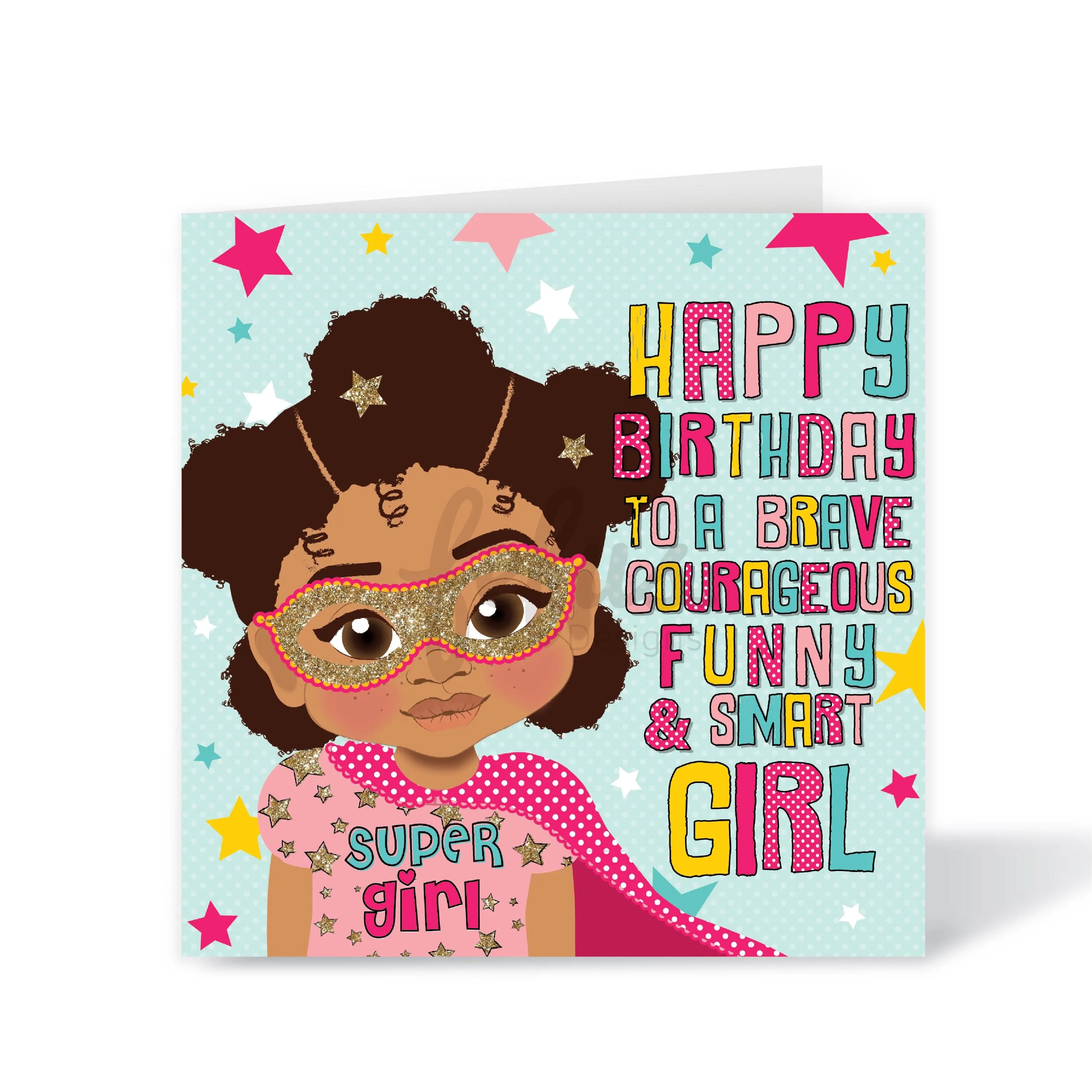 Brown superhero girl with afro puff hairstyle and gold hair accessories on a birthday card.