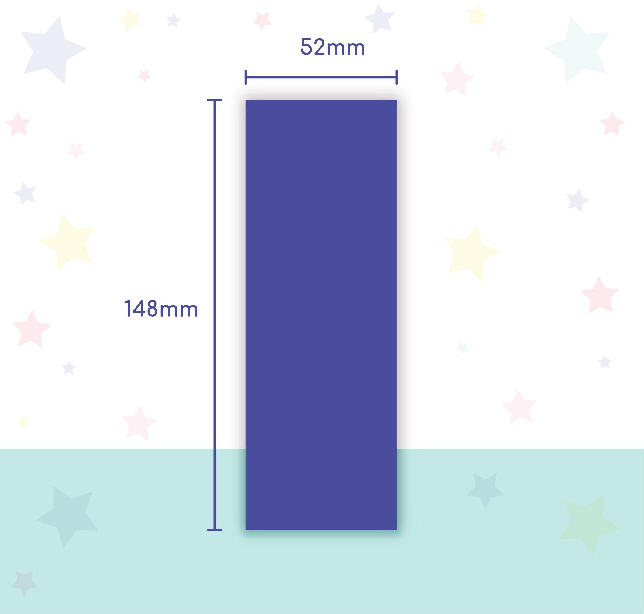 Navy blue rectangular object with dimensions 52mm x 148mm on a light blue background with star patterns.