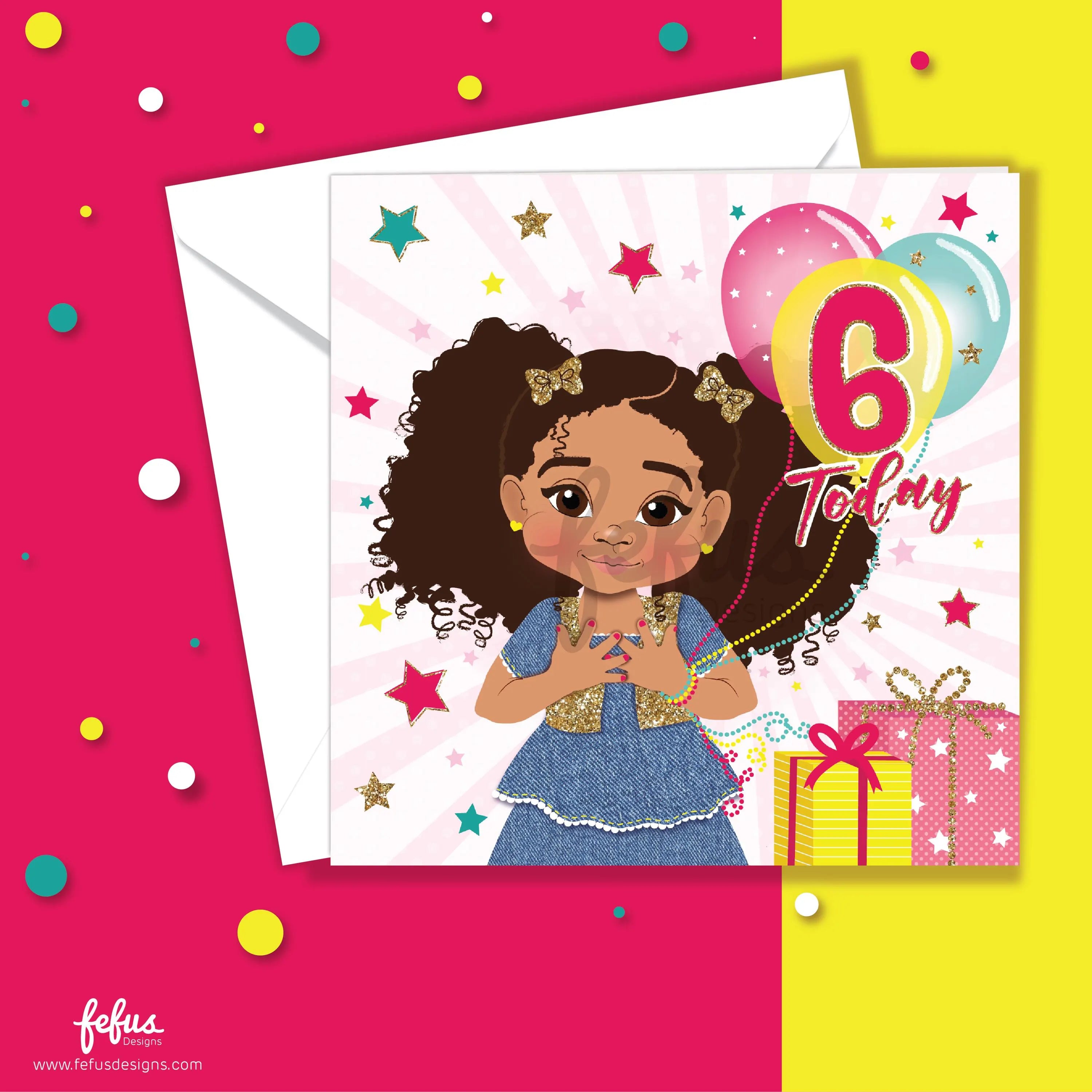 Sixth Birthday Mixed Race Girl Card – Six Today Brown Girl | Fefus Designs