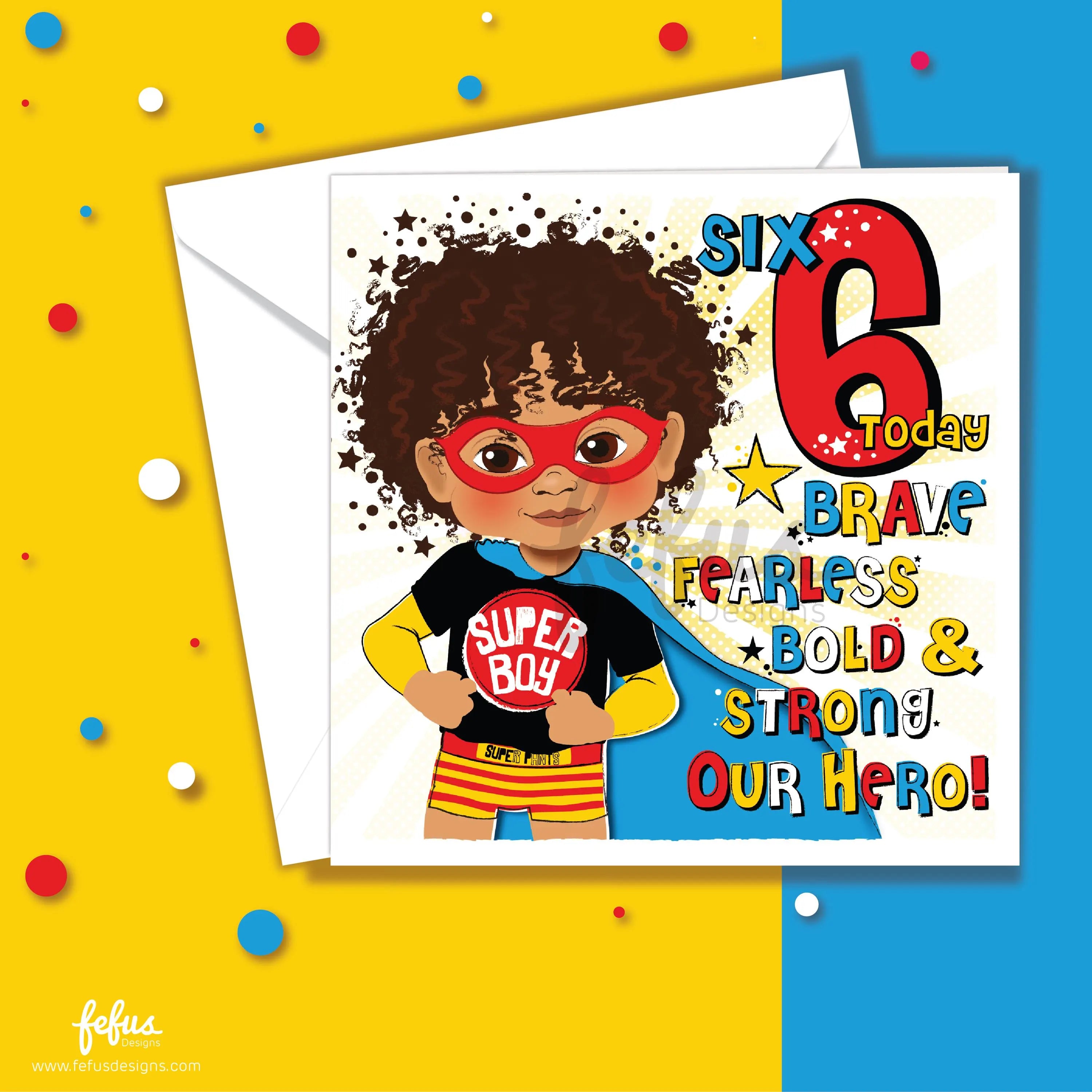 Mixed Race Superhero Sixth Birthday - Brown Boy Birthday Card | Fefus designs