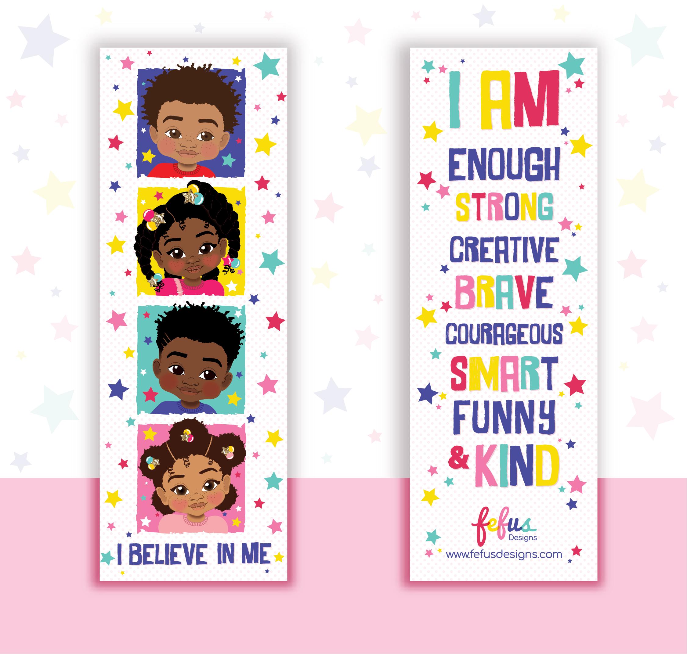 Motivational bookmarks with children's portraits and affirmations on a colourful background. front and back view.