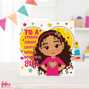 Hand-drawn mixed-race girl birthday card featuring a smiling young girl with curly hair and a glittery bow headband, surrounded by positive affirmations.
