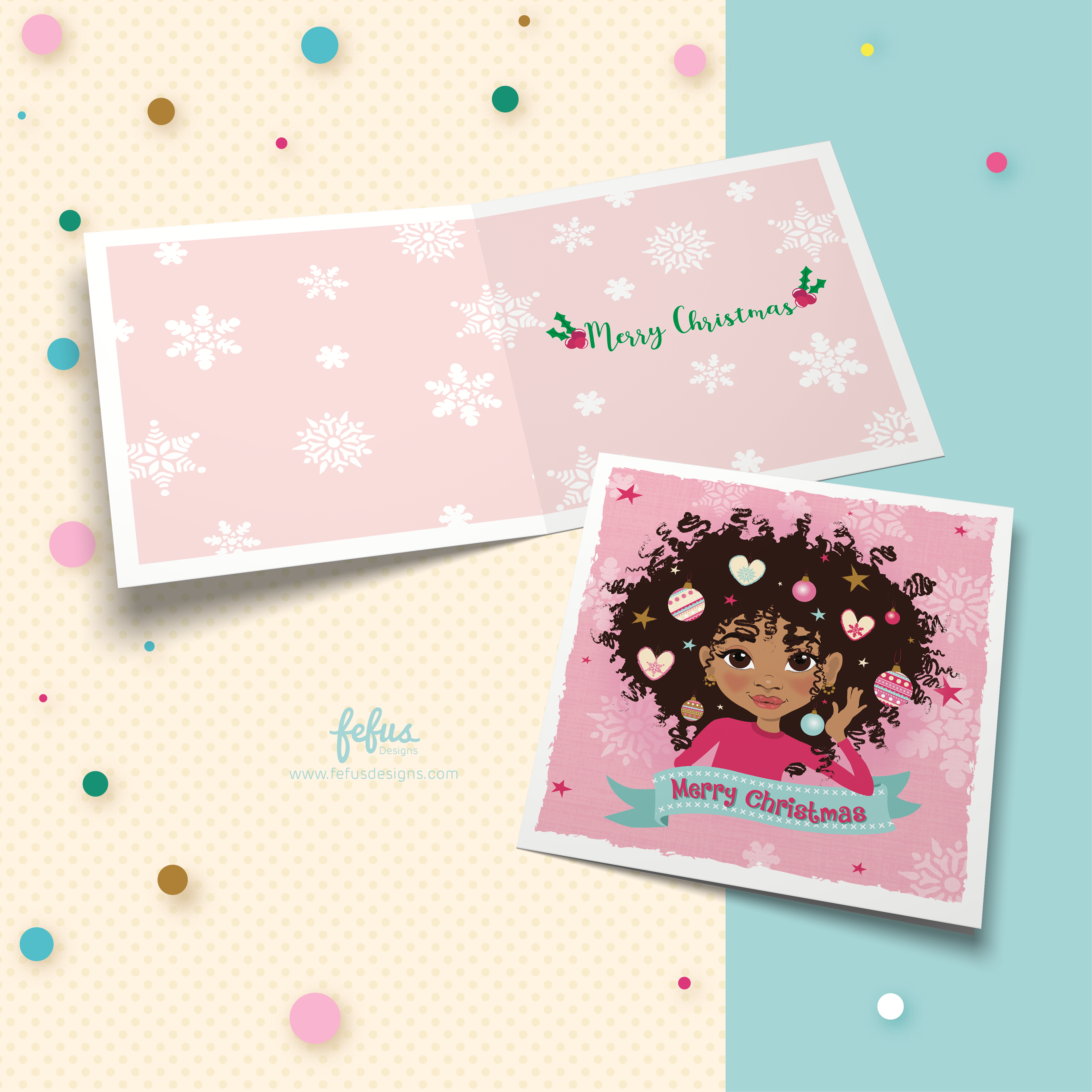 Merry Christmas Brown Afro Princess Card | Diverse Kids Holiday Greeting | Fefus Designs
