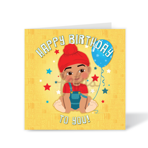 A colorful birthday card featuring an illustration of a baby boy in a traditional Joora wearing a red hat and blue shirt, with a balloon and stars decoration the background. The card reads 'Happy Birthday To You!' and has a blank inside for a personal message.