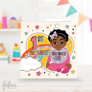 A colorful birthday card featuring an illustration of a Black girl with a '1st Birthday' theme, with stars, planets, and the text 'birthday girl'.