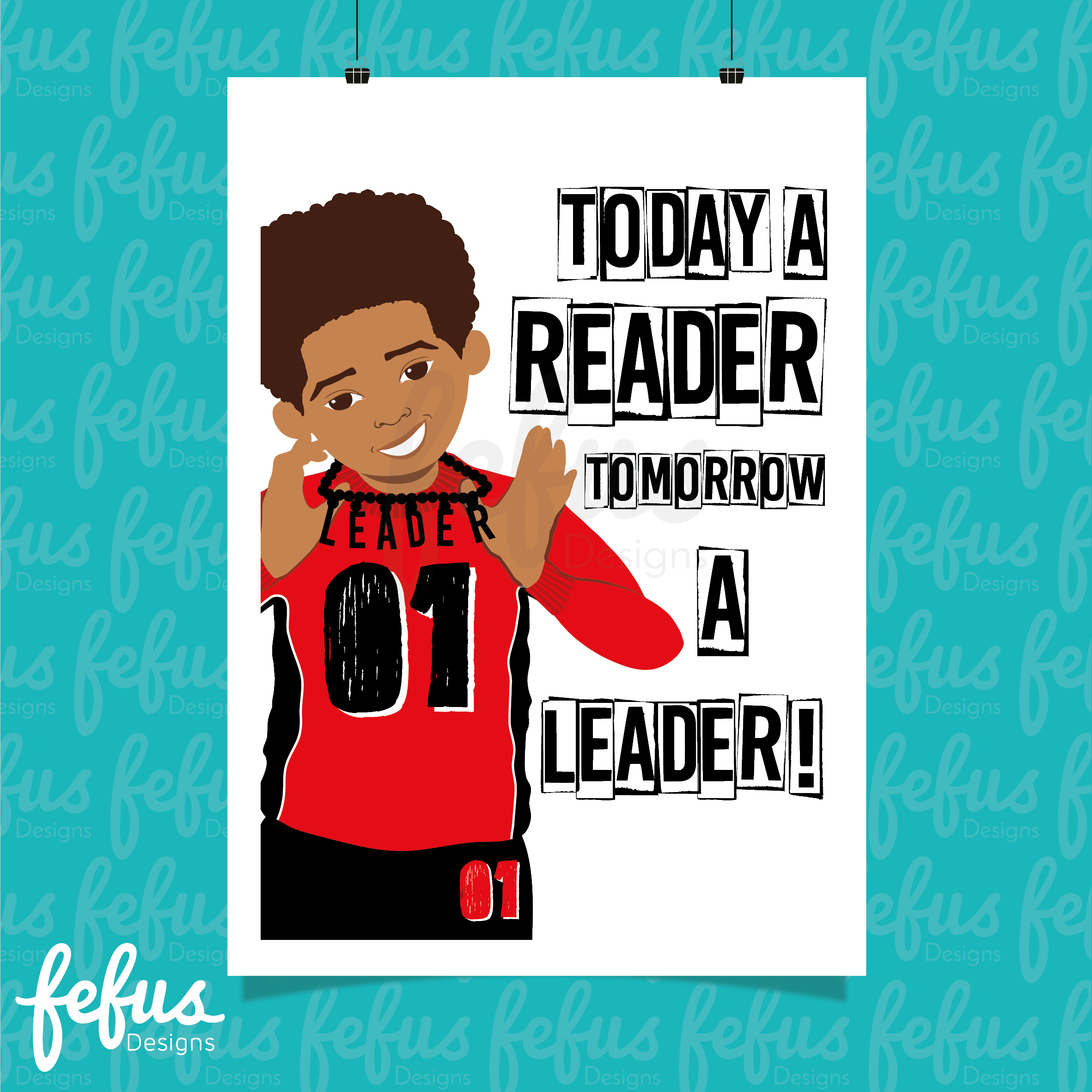 A colorful digital art illustration of a young boy in a red jersey with text 'TODAY A READER TOMORROW A LEADER!' and the brand name 'LIL'S KIDS'.