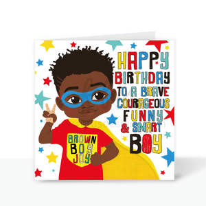 A birthday card featuring a Black superhero boy with a background of colourful stars.
