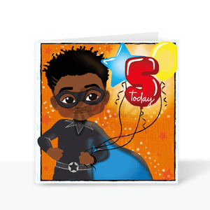 A birthday card featuring a Black superhero boy with red number five balloons and other balloons in the background.