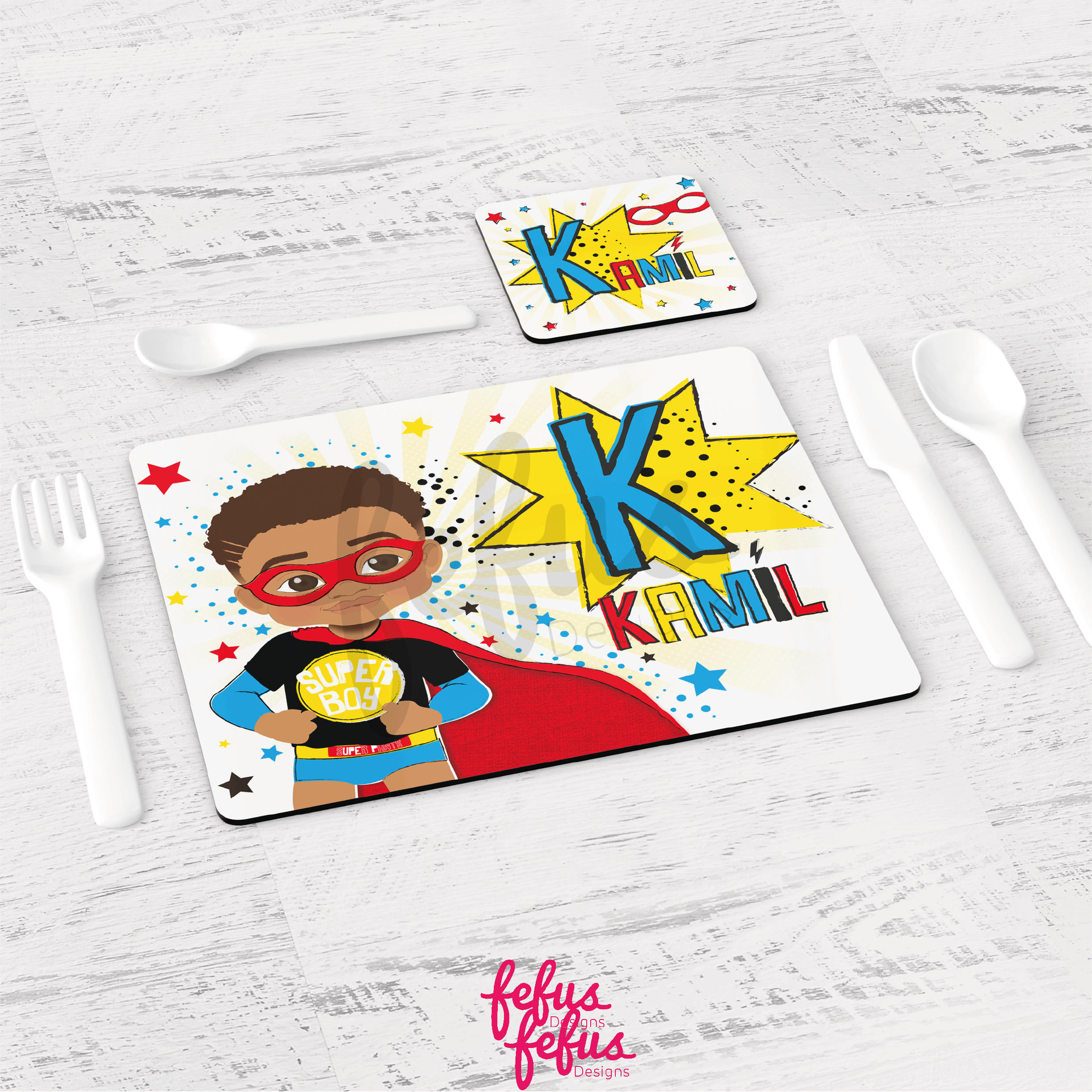See Themselves Shine: Personalised Mixed Race Superhero Boy Placemat & Coaster Set