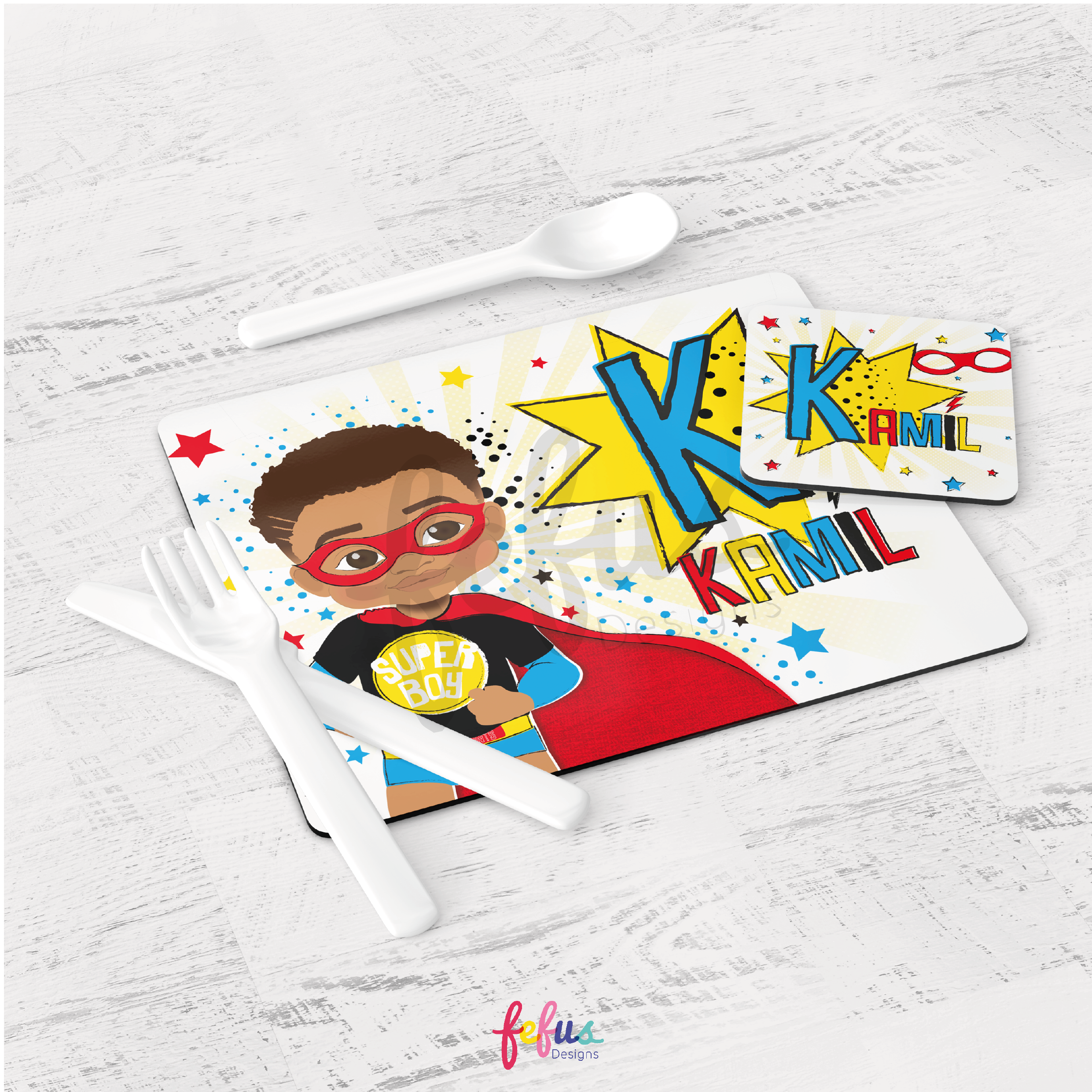 See Themselves Shine: Personalised Mixed Race Superhero Boy Placemat & Coaster Set