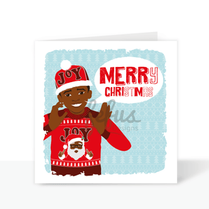 Colourful square Christmas greeting card featuring a hand-drawn Black boy illustration by Fefus Designs.