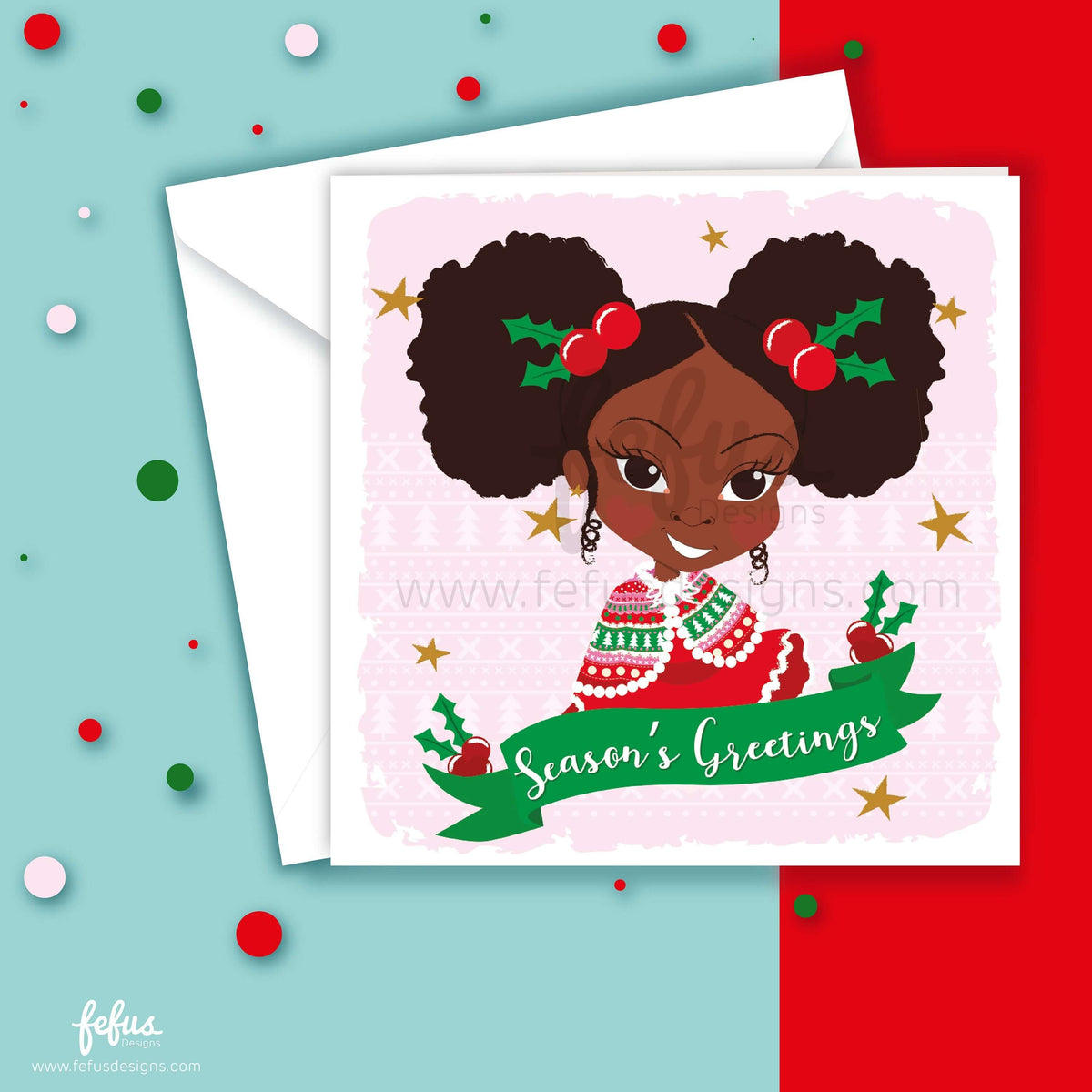 Front of the Black Girl Magic Christmas card featuring Deja with an Afro puff hairstyle, holly hair accessories and a Season's Greetings message.