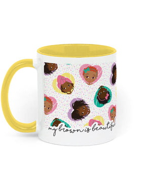 Sprinkles Girls yellow ceramic mug featuring four brown girl characters in the Sprinkles design with yellow accents, illustrated by Fefus Designs.