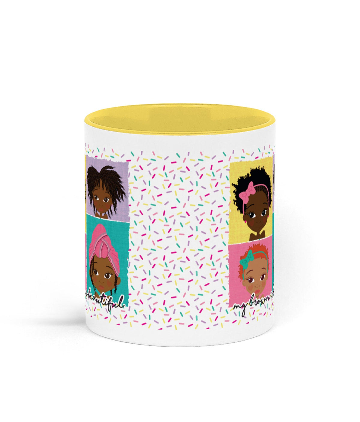 Alternative product image of the ceramic mug featuring four brown girl characters on the yellow version, by Fefus Designs.