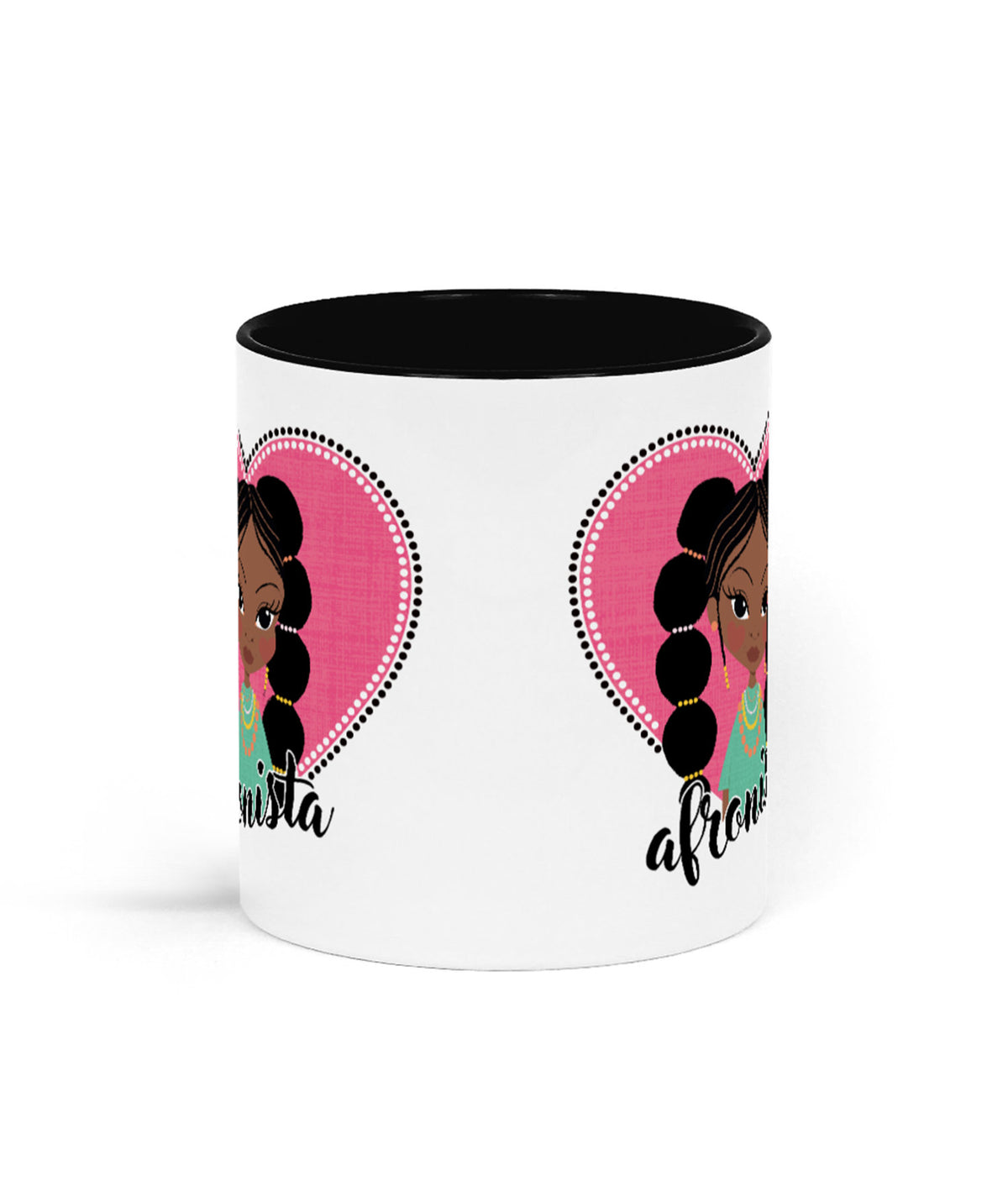 Alternative product image of the ceramic mug featuring Zuri character with an Afronista pigtails design, by Fefus Designs.