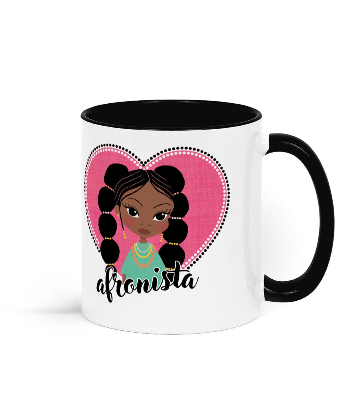 Additional view of the ceramic mug with Zuri character with an Afronista pigtails design, by Fefus Designs.