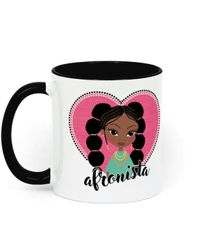 Zuri Afronista Pigtails ceramic mug featuring Zuri character with an Afronista pigtails design, illustrated by Fefus Designs.