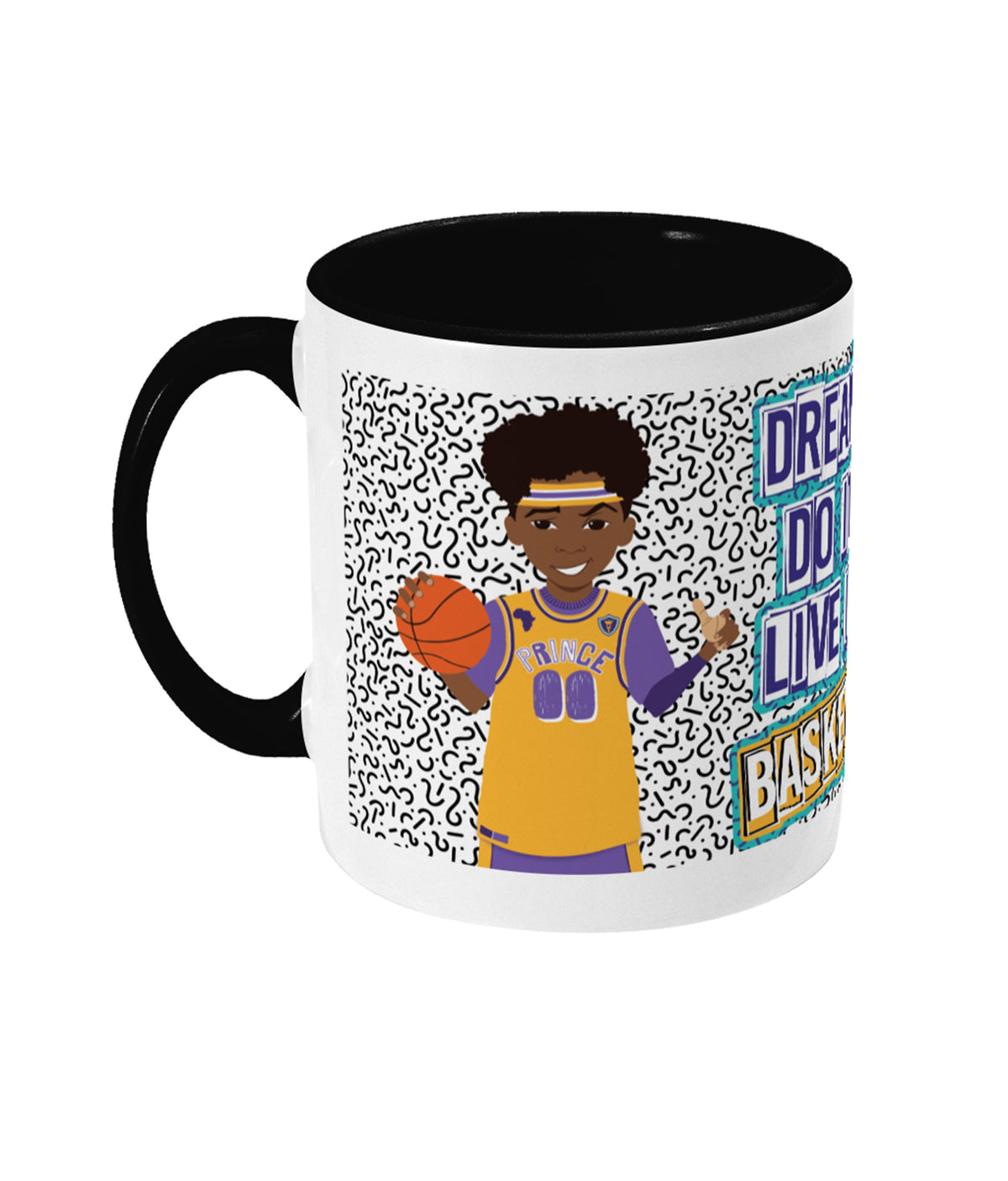 Additional view of the ceramic mug with basketball-themed character artwork, by Fefus Designs.