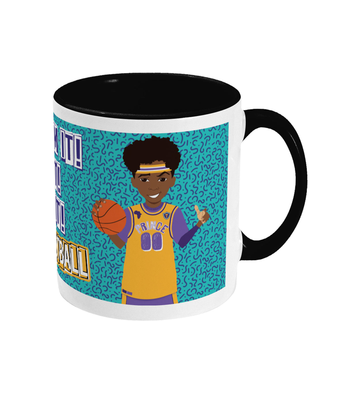 Khaleeq basketballer ceramic mug featuring basketball-themed character artwork, illustrated by Fefus Designs.