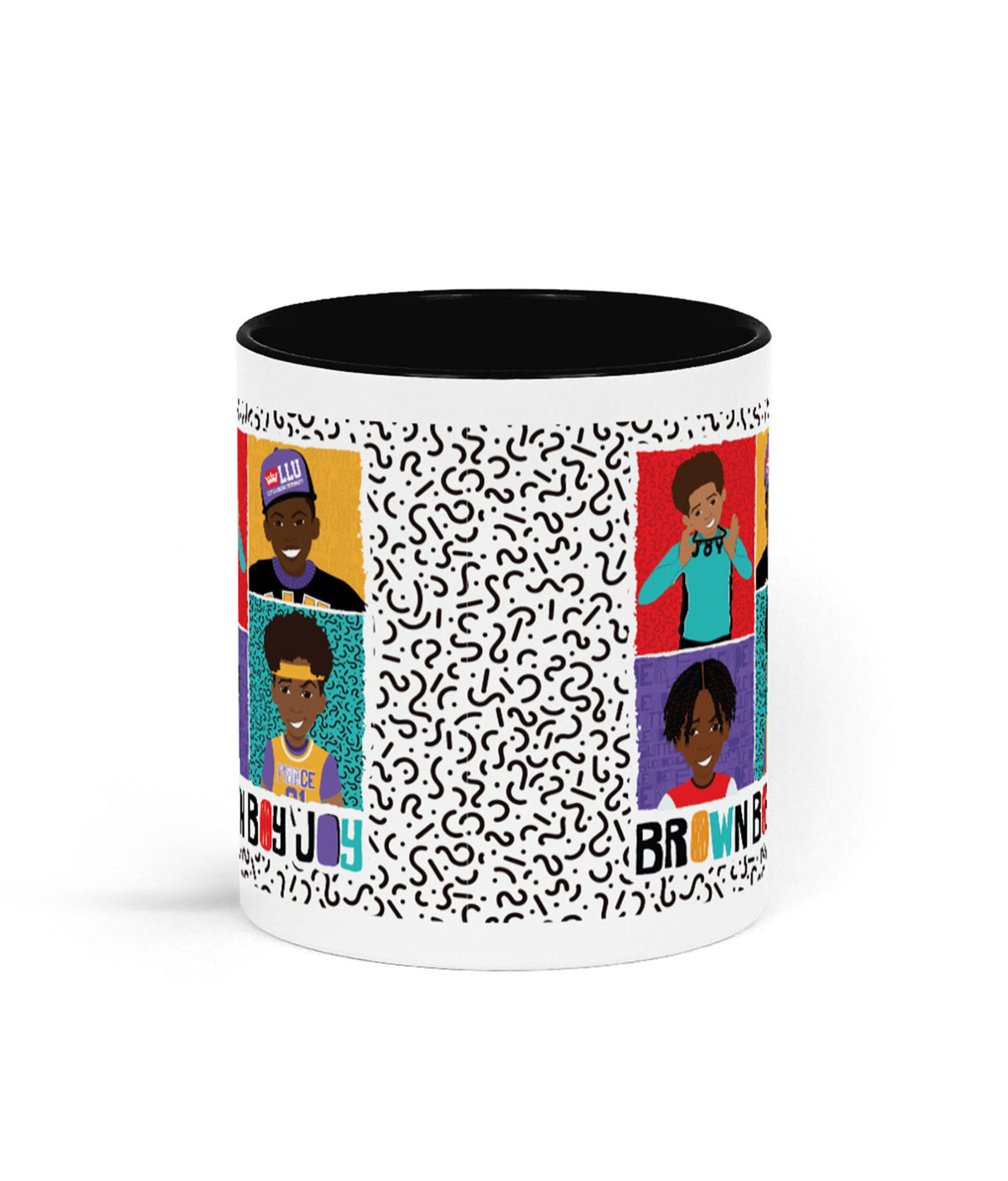 Alternative product image of the ceramic mug featuring illustrated Brown Boy Joy artwork, by Fefus Designs.