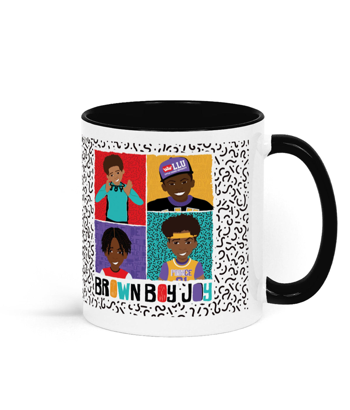 Additional view of the ceramic mug with illustrated Brown Boy Joy artwork, by Fefus Designs.
