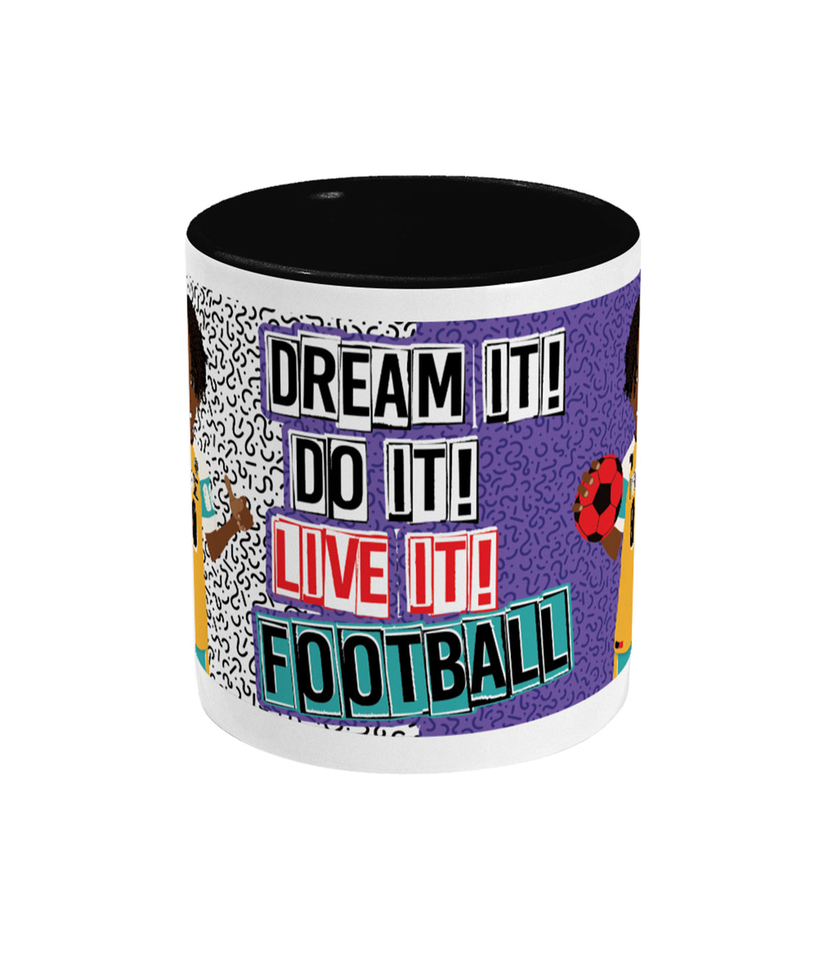 Alternative product image of the ceramic mug featuring footballer character artwork, by Fefus Designs.