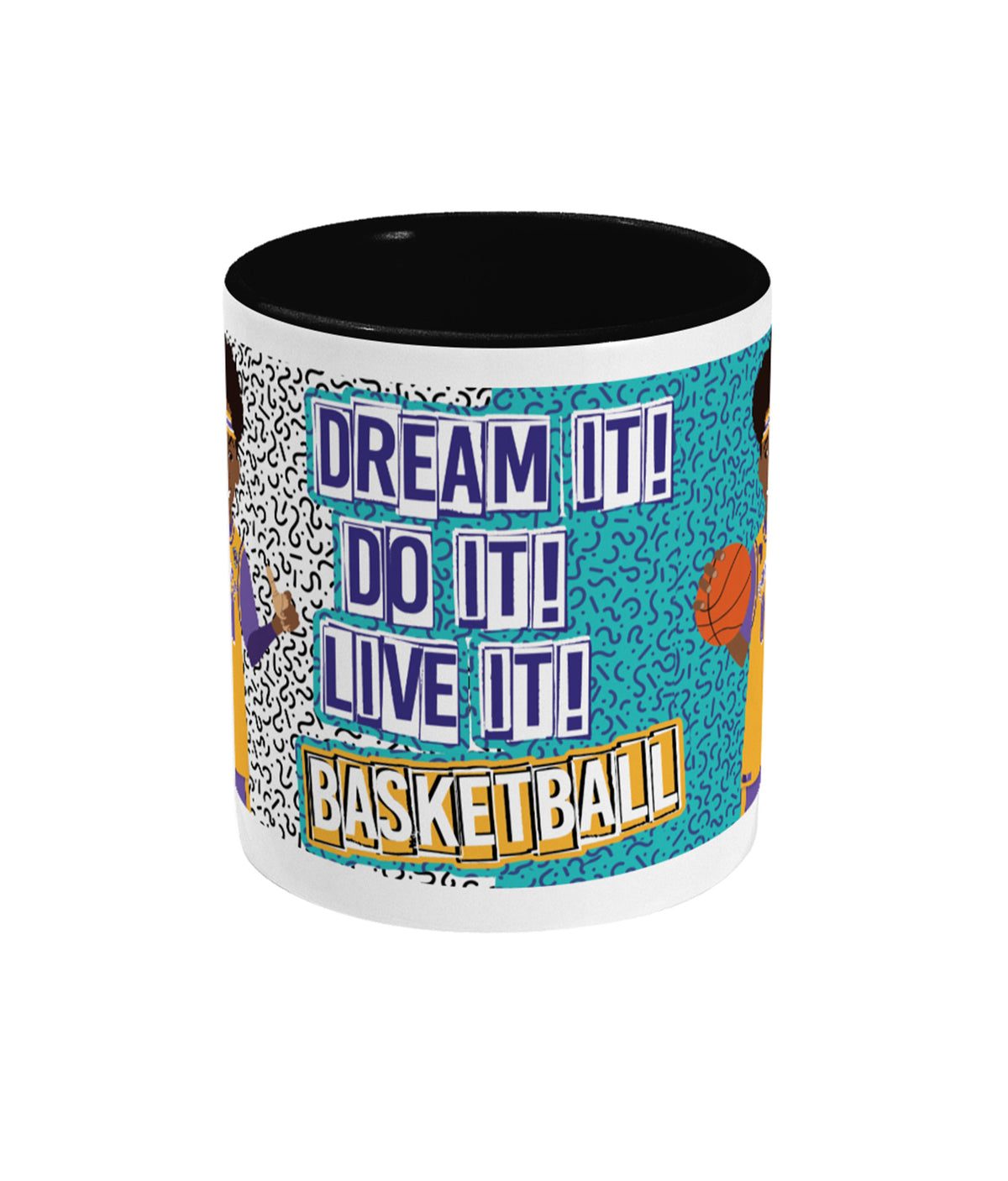 Alternative product image of the ceramic mug featuring basketball-themed character artwork, by Fefus Designs.