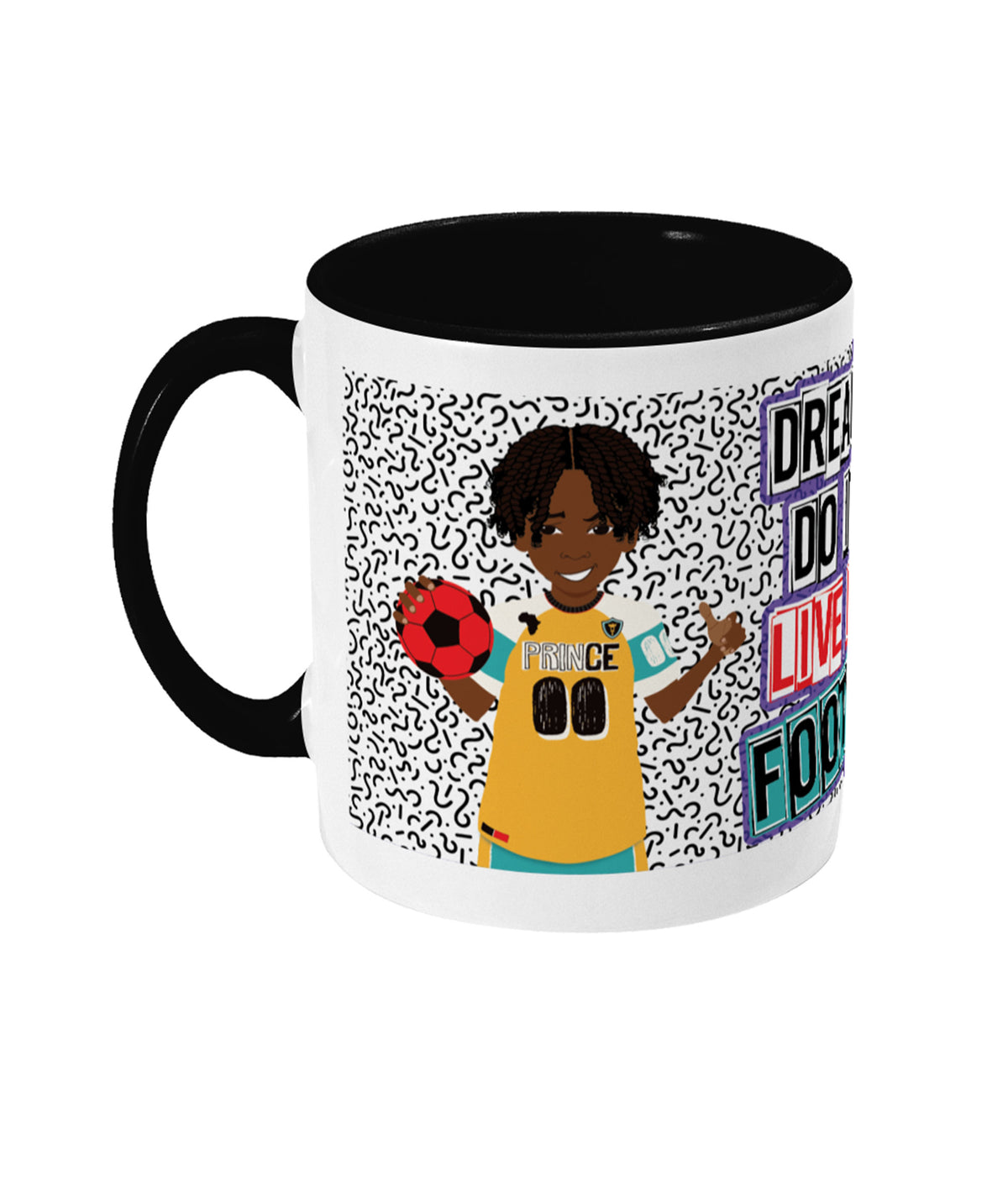 Additional view of the ceramic mug with footballer character artwork, by Fefus Designs.